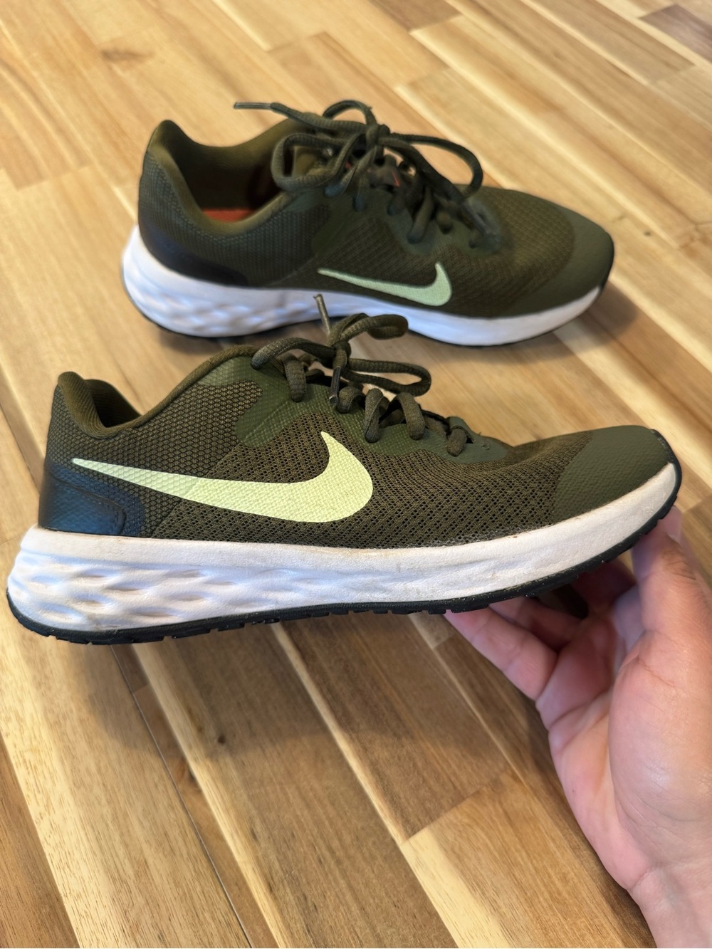 Nike Kids Olive Green Sneakers with Pale Lime Swoosh- size 4Y